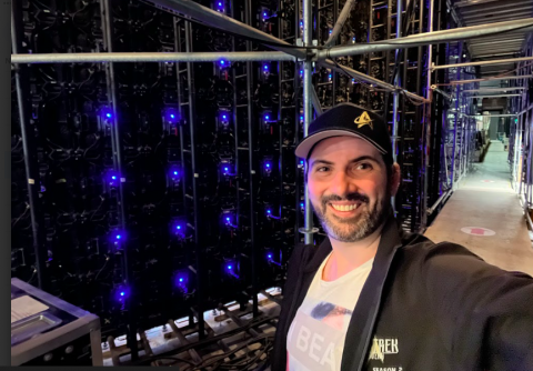 Adam Kennedy behind the AR Wall. a large LED screen, which projects a virtual environment that syncs with camera movements in lieu of green screens, at Pinewood Studios Toronto in spring 2023.