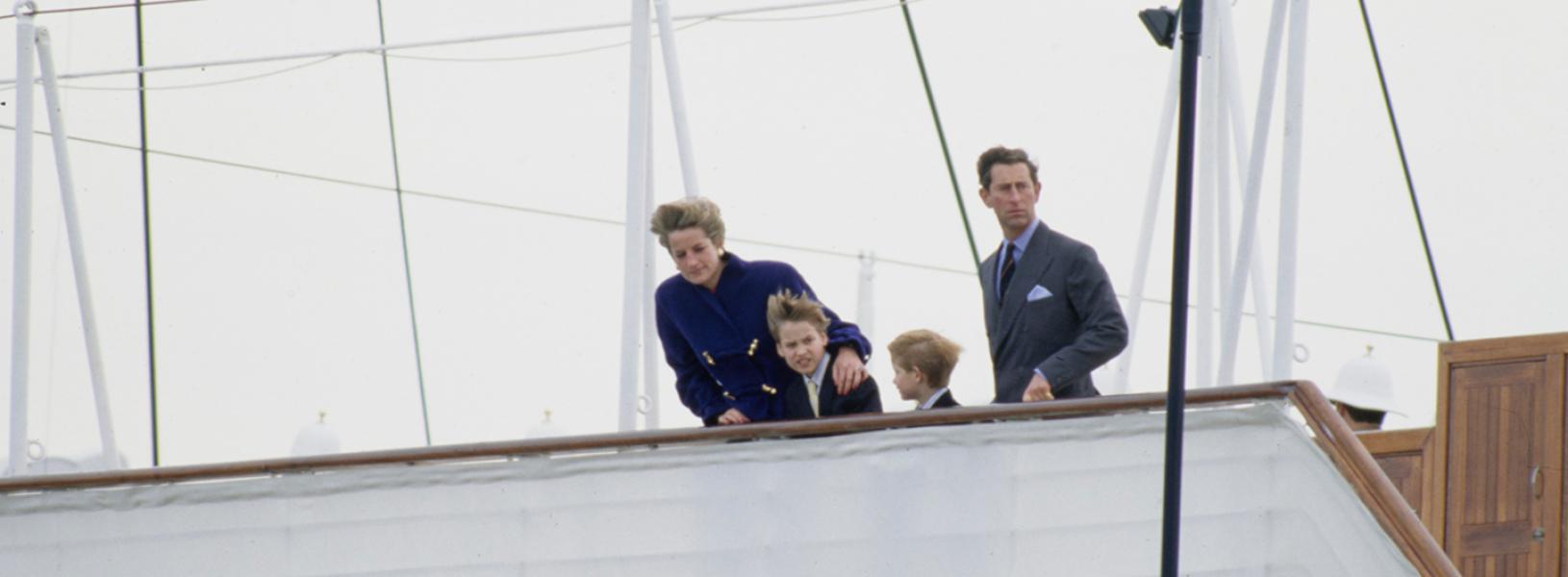 The Prince and Princess of Wales with Prince William and Prince Harry on the deck of the Royal Yacht Britannia, Toronto, Oct. 27. 1991.