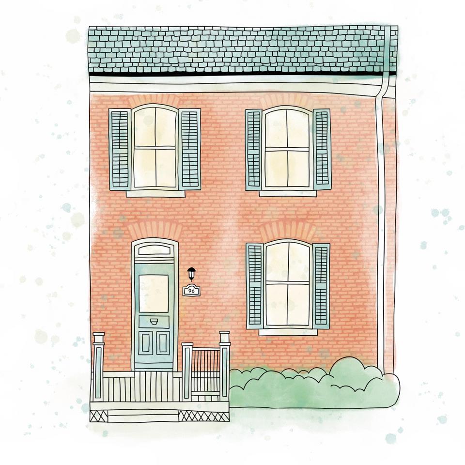 Illustration of a red brick townhouse.
