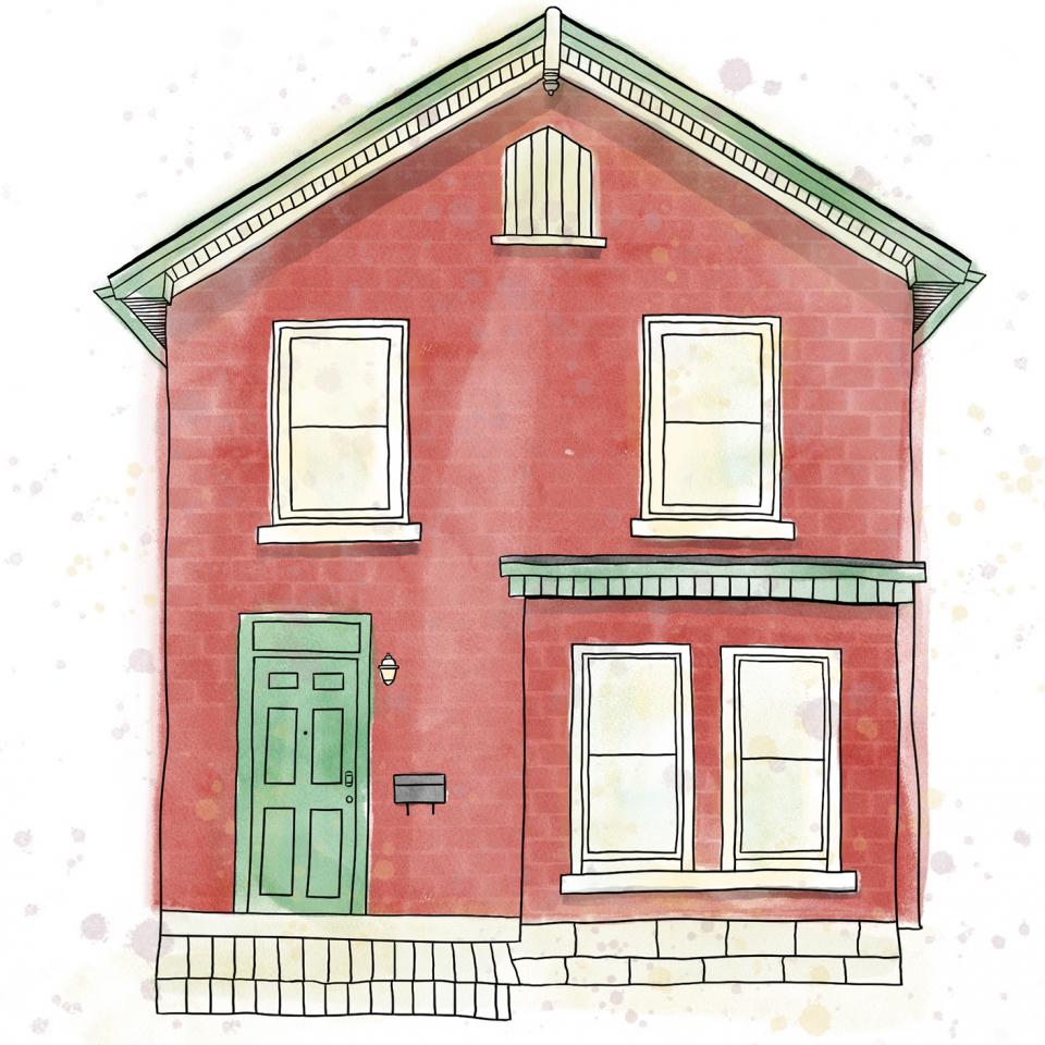 An illustration of a brick house with a front wood deck.