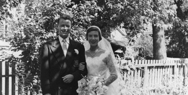 Old photo of David Leighton and Margaret Leighton on their wedding day.
