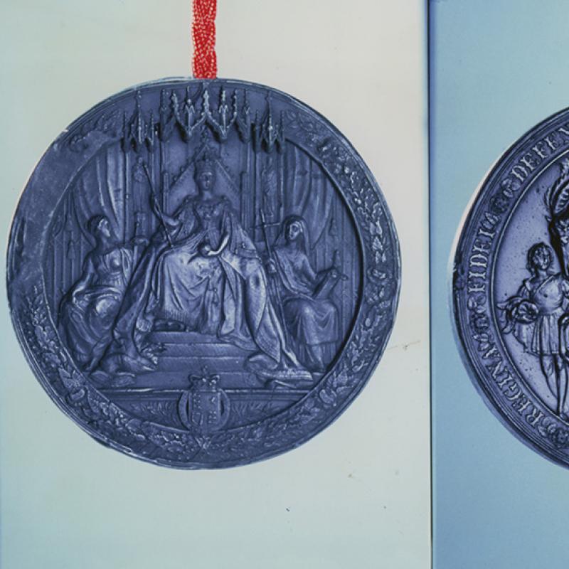 A replica of the original seal attached to the Queen's royal charter.