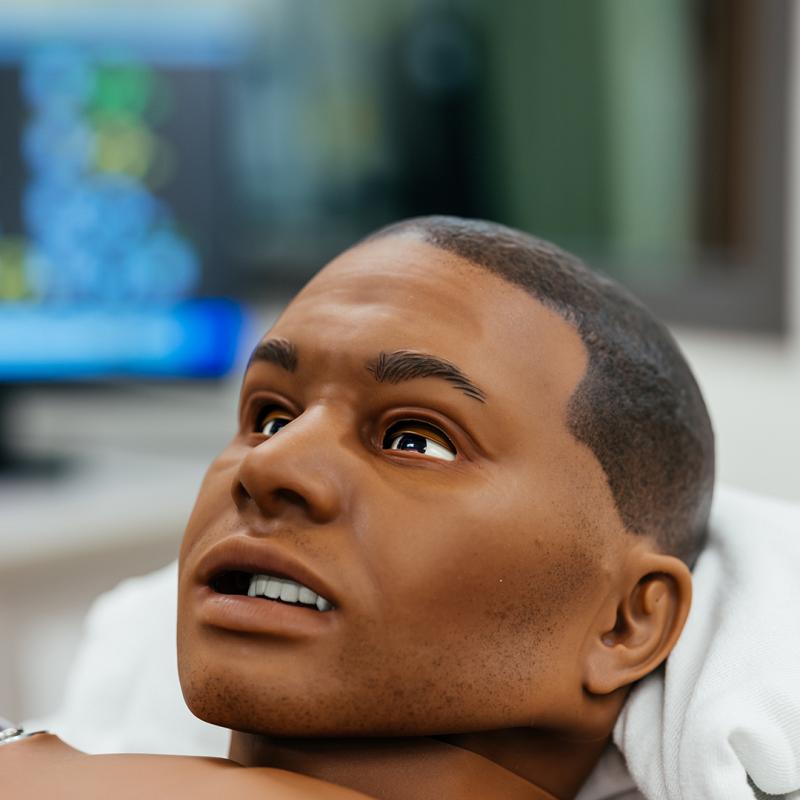 Close-up of the SimMan 3G Plus' head and face.