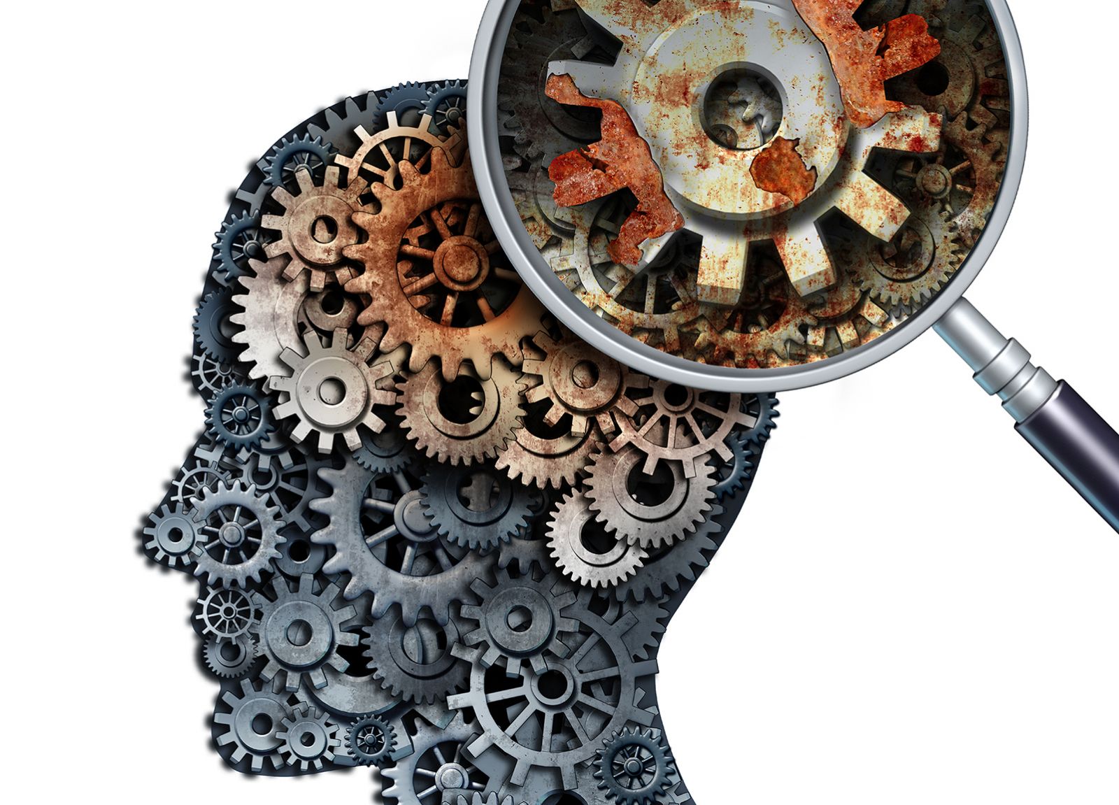 Digital picture of a metal human head with gears and innerworkings inside