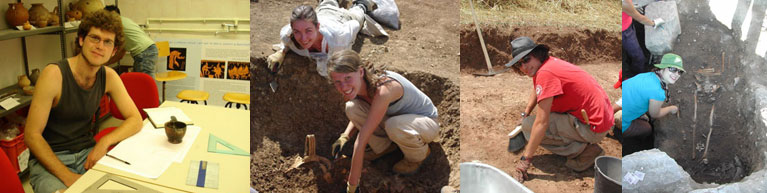 A person sitting at a desk, Two people working at a site, A person digging, A person that found bones