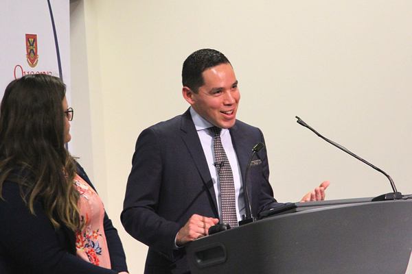 Mr. Obed discusses current issues with attendees during the Q&A portion of the lecture, moderated by Sarah Toole (left, MPA'18). (Photo: University Communications)