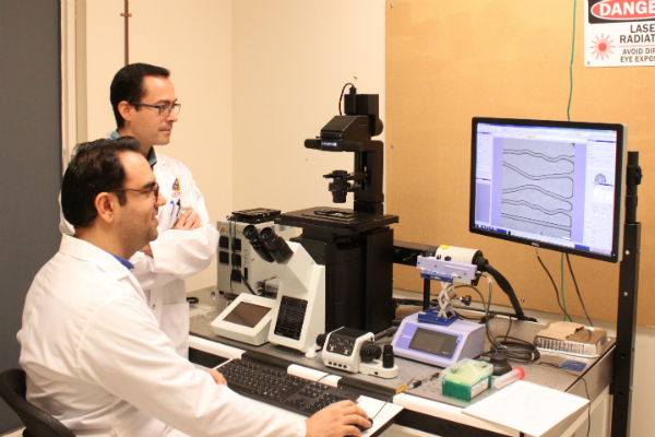Assistant Professor of Chemical Engineering Carlos Escobedo and PhD candidate Saeed Rismani Yazdi analyzing MTB behaviour in the laboratory.