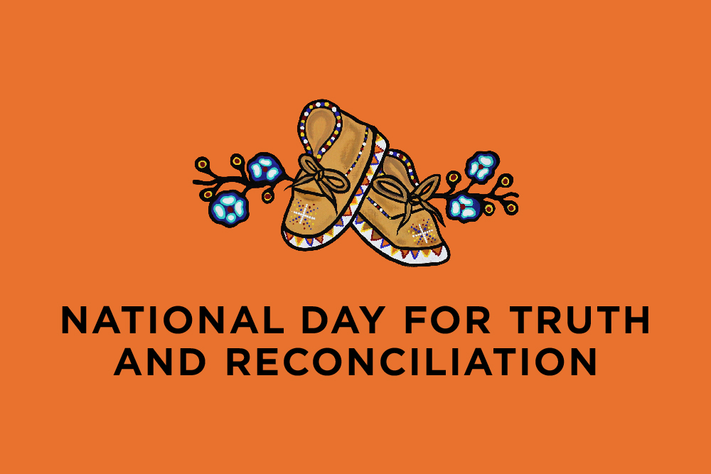 Graphic design for orange shirts by local Cree artist Jaylene Cardinal, depicting depicting a pair of children’s moccasins set between woodland forget-me-not flowers.
