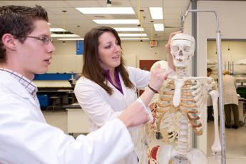 [students examine a skeleton]