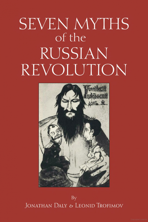 The book cover features a red cover with a central image of a dark figure with long hair, a long beard, with his arms around two figures dressed as a tsar and queen 
