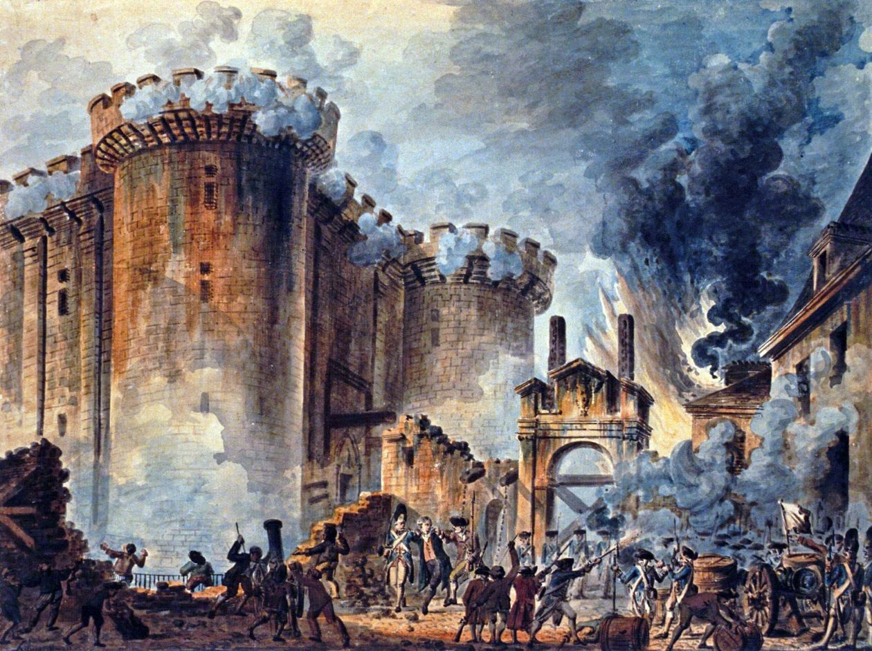 An image of the painting Storming of the Bastile by Jean-Pierre Houel, 1789