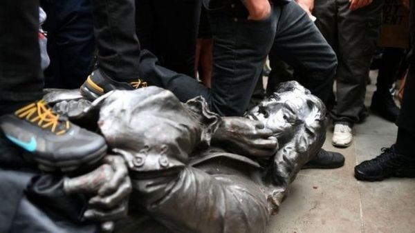 Statue of slave trader Sir Edward Colston, Bristol, UK, toppled by protestors 7 June 2020