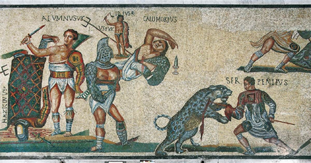 Image of a mosaic showing gladiators fighting