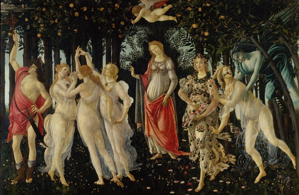 An image depicting a group of figures from classical mythology in a garden 