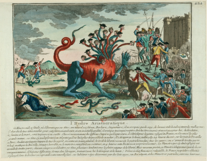 An image from the 1700s with a red and blue monster with multiple heads being sliced off by men with swords with the caption: l'Hydre Aristocratique