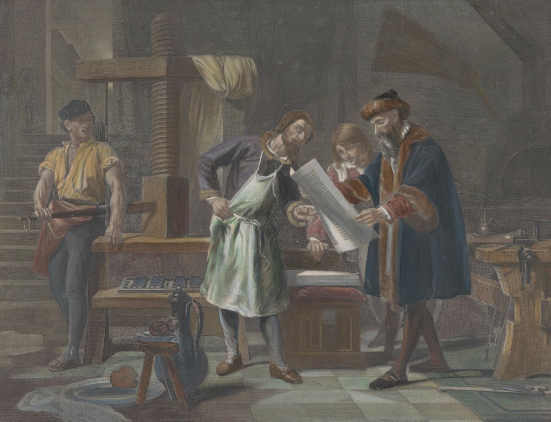 A painting of a man in a blue robe holding a printed page beside a large wooden printing press