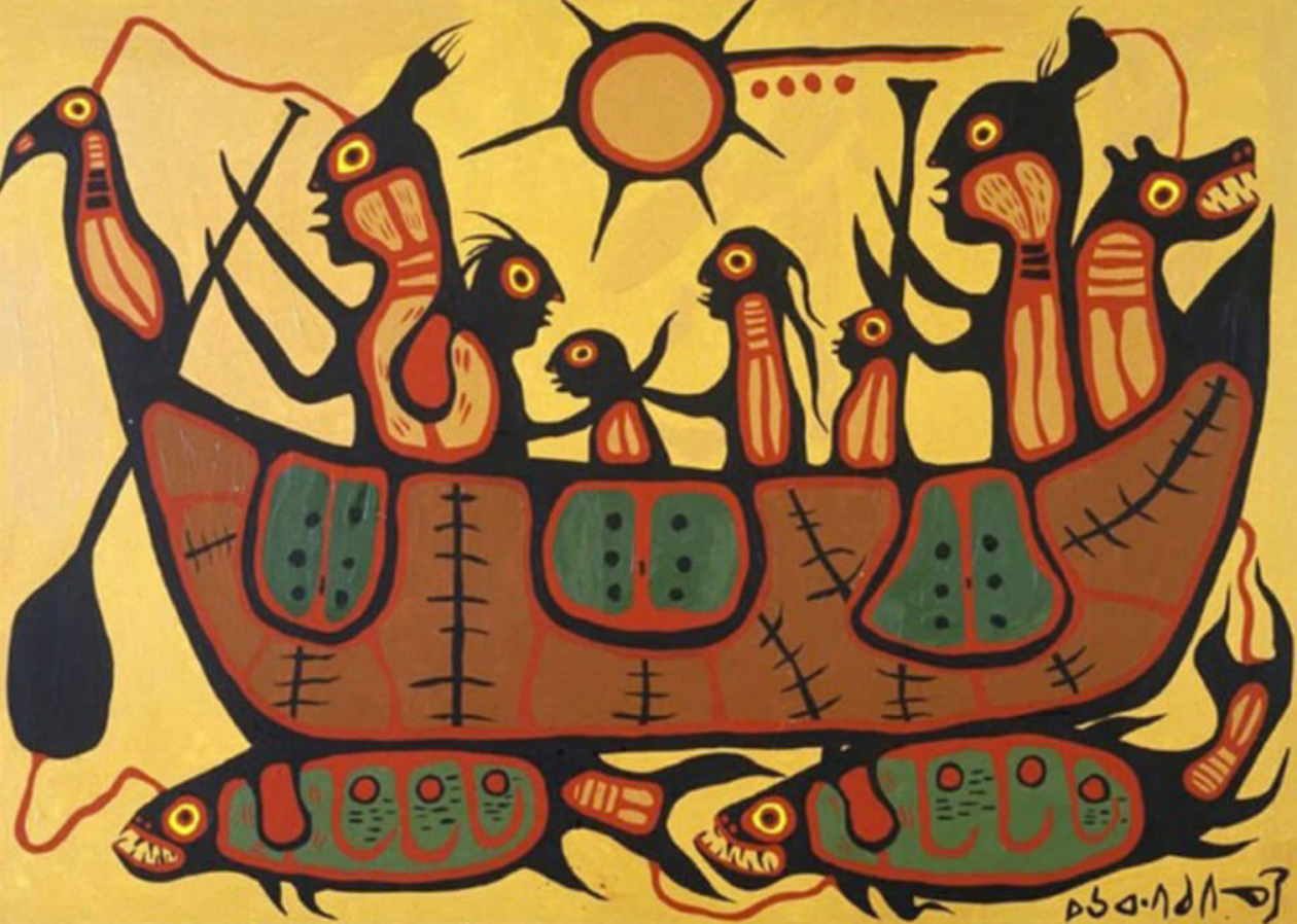 A painting with a yellow background featuring a brown canoe with 6 human figures and one dog-like figure in the canoe, a bird sitting at the front of the canoe, and two fish below the canoe who appear to be underwater.