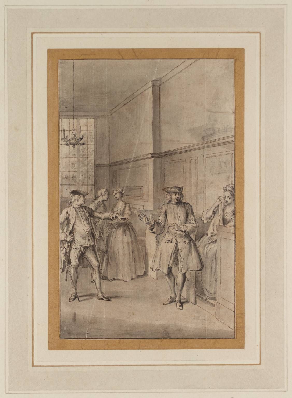 Ink and watercolour artwork of men in 17th century dress wearing waistcoats, long stockings, and hats, talking to each other animatedly