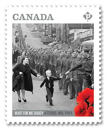 An image of a black and white Canadian stamp shoeing a child running to his father who is in military uniform holding out his hand to reach the child's with text that reads "Wait for me daddy"