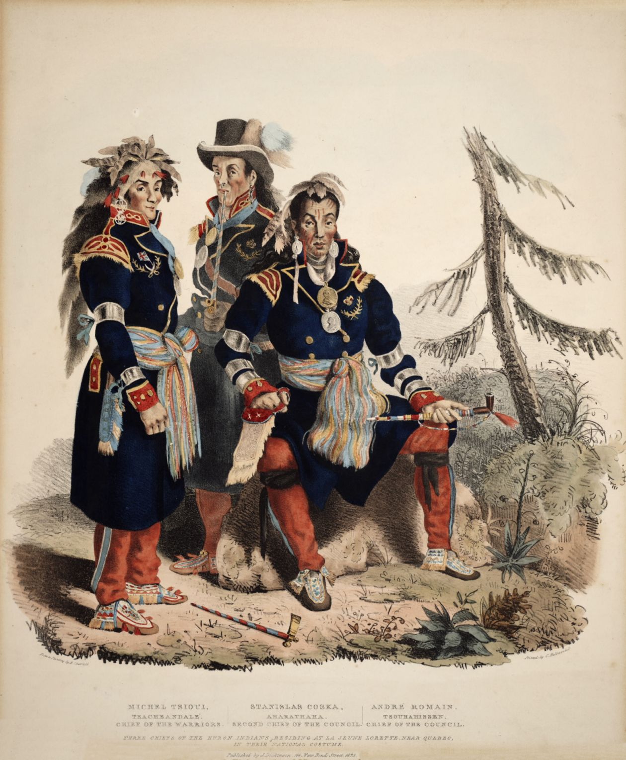 A drawing of Three Chiefs of the Huron Indians, Residing at La Jeune Lorette from 1825 by Charles Joseph Hullmandel