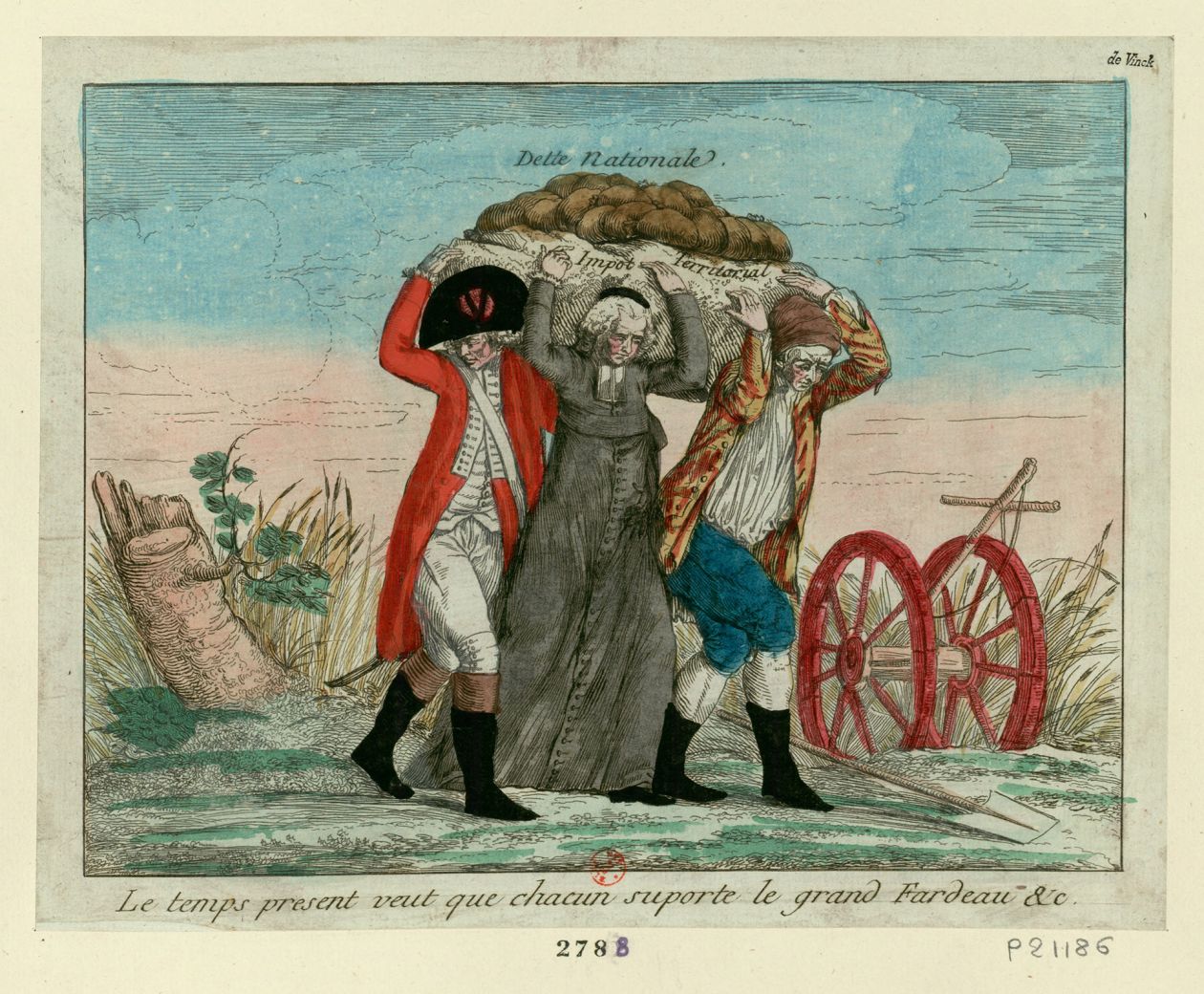 Image of an etching showing a soldier, a clergyman, and a peasant carrying equally carrying the weight on their shoulders of the "dette Nationale" from France, 1789