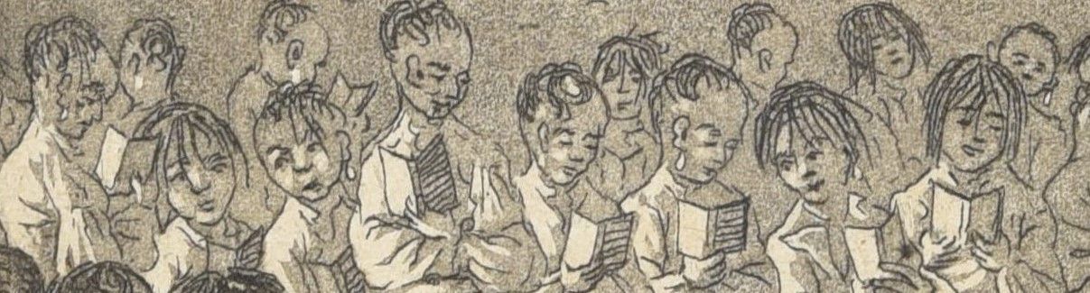 Image of a sketch of children reading from books 