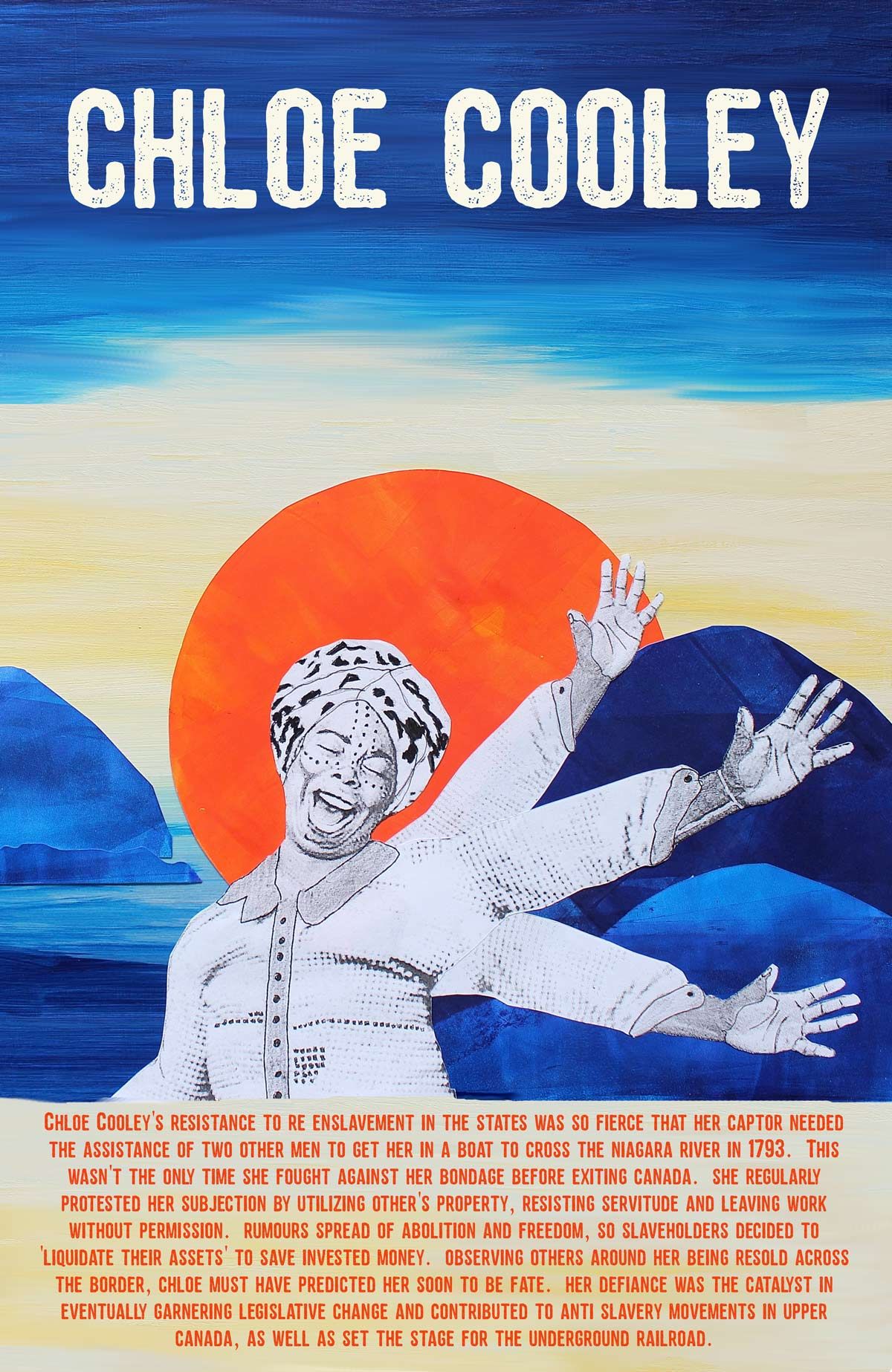 Image of a poster featuring a black women in front of a stylized sunset with a body of text below the image