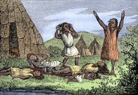 Wampanoags are seen being struck down by an invisible killer, lying in pools of blood (19th Century Woodcut of a Smallpox Epidemic Colonial Massachusetts)