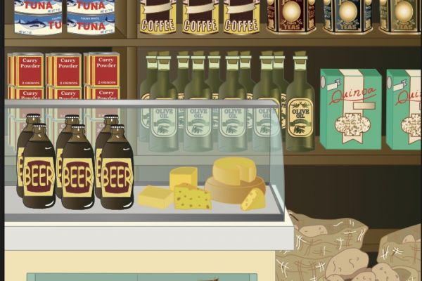 Image of a store shelves featuring assorted foods that originate from around the world, including avocados, coconuts, beer, olive oil, quinoa, coffee. 
