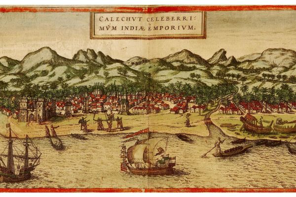 Image of an etching titled "Calechut Celeberri Mum India Emporium" depicting an Indian trading port.