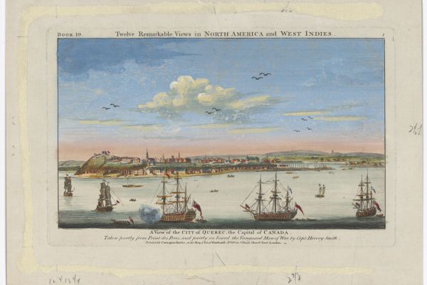A print featuring the lake with large ships facing toward a shore with small settlements at sunset titled "A view of the city of Quebec the capital of Canada" painted by Hervey Smyth in 1763