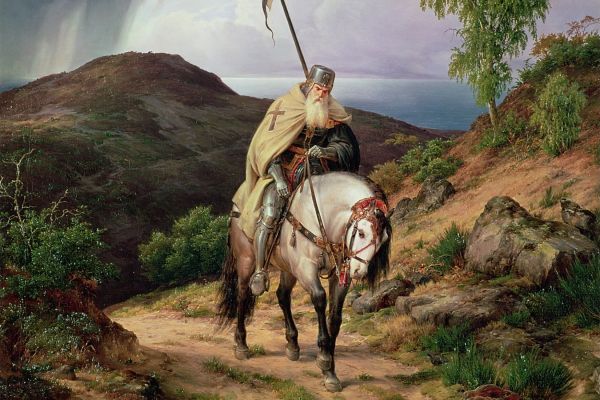 Image of a painting of an elderly crusader on horseback 