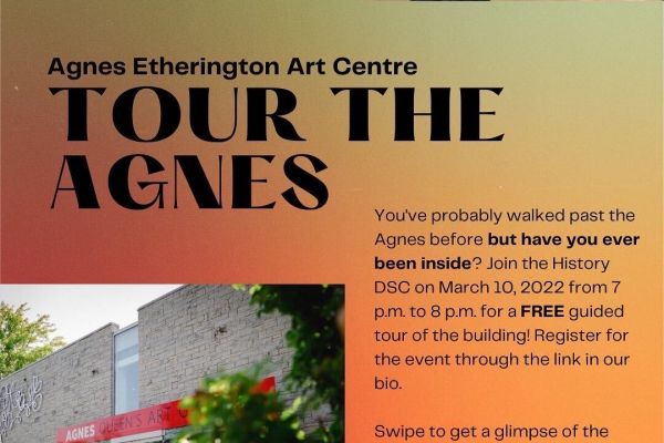 Image of event poster featuring a picture of the exterior of the Agnes Etherington Art Centre