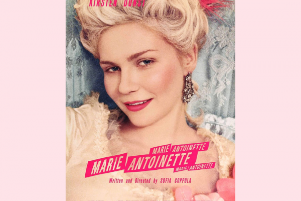 A pink poster with the cover of the Marie-Antoinette movie in the centre featuring Kirsten Dunst in a blonde wig that reads: Join the History Department Student Council for Movie Night: 7PM Nov 17th in Stirling Hall Room 301C