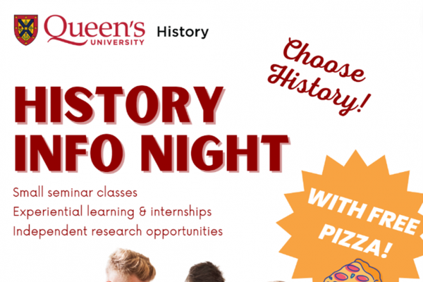 An image of students gathered around a booklet with a large title in red reading: History Info Night With free pizza