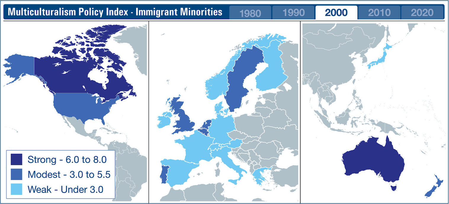 Map showing the strength of multiculturalism policies: 21 countries, 2000
