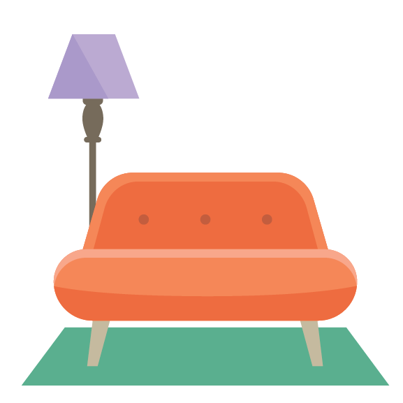 Animated picture of an orange couch with a purple lamp next to it