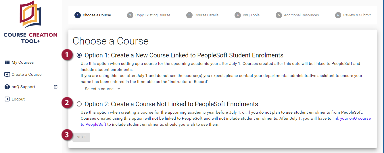 "Screenshot of Choose a Course page"