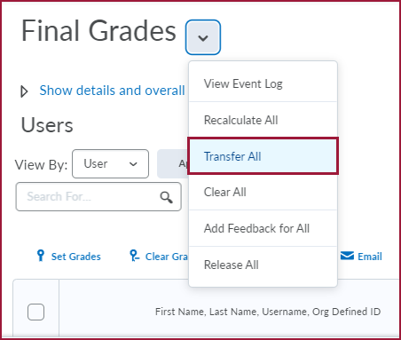"Screenshot of the Transfer All option in the Final Grades drop-down"