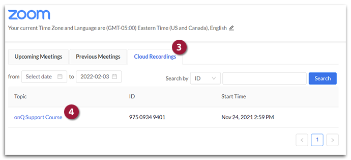 Screenshot of Cloud recordings page button