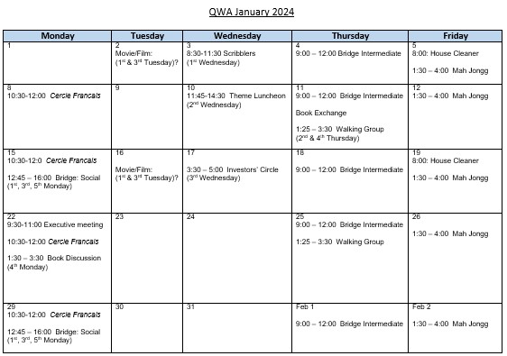 QWA Calendar - January, 2024