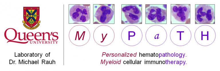 Logo for the Queen's University Ruah Lab and Myeloid Pathology lab. The word MyPaTH is spelled with cells.