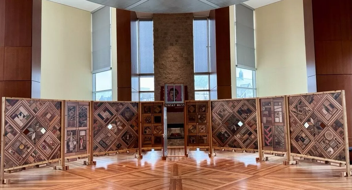 Witness Blanket art installation in Stauffer Library’s second floor Fireplace Reading Room