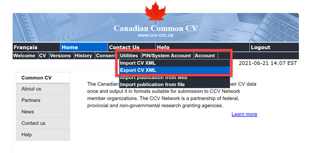 screenshot of the Canadian Common CV website showing the location of the Utilities tab and Export CV XML link in menu