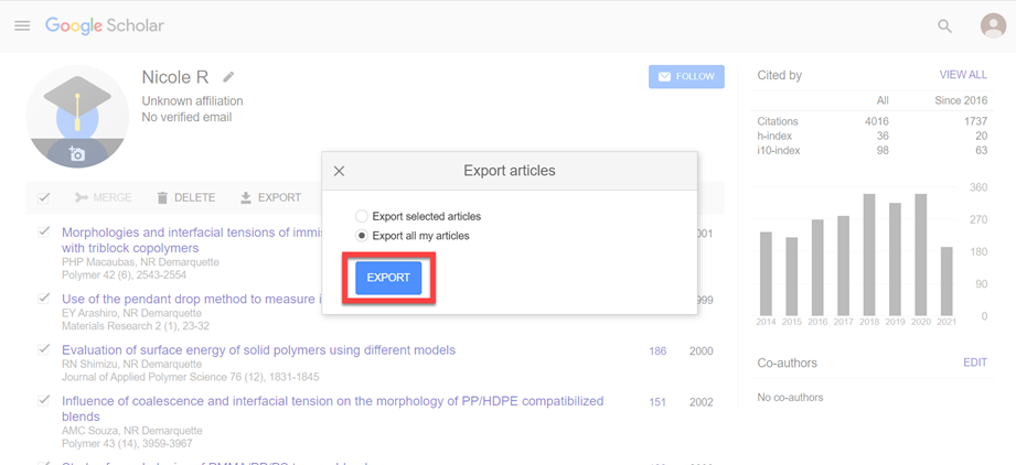 Screen capture of Importing Publications from Google Scholar - Choose to export either all, or selected publications, then choose Export.