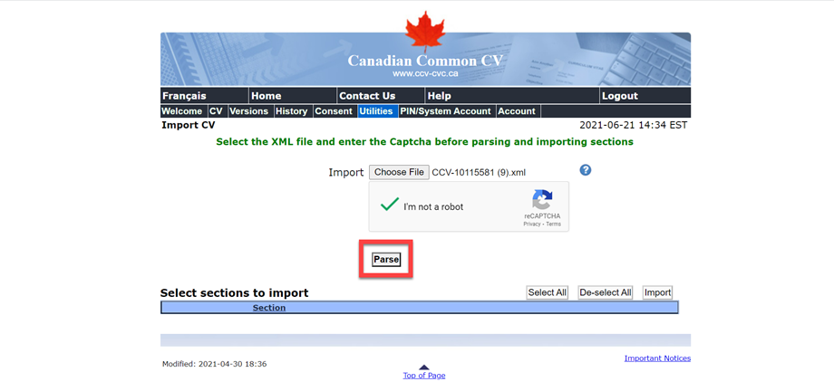 Screen capture of Canadian Common CV website utilities tab and location to upload your CV