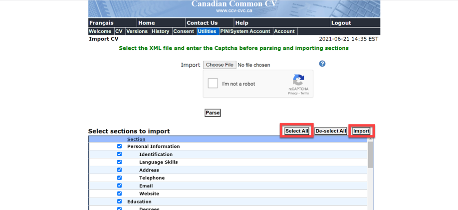 Screen capture of Canadian Common CV website utilities tab and location to upload
