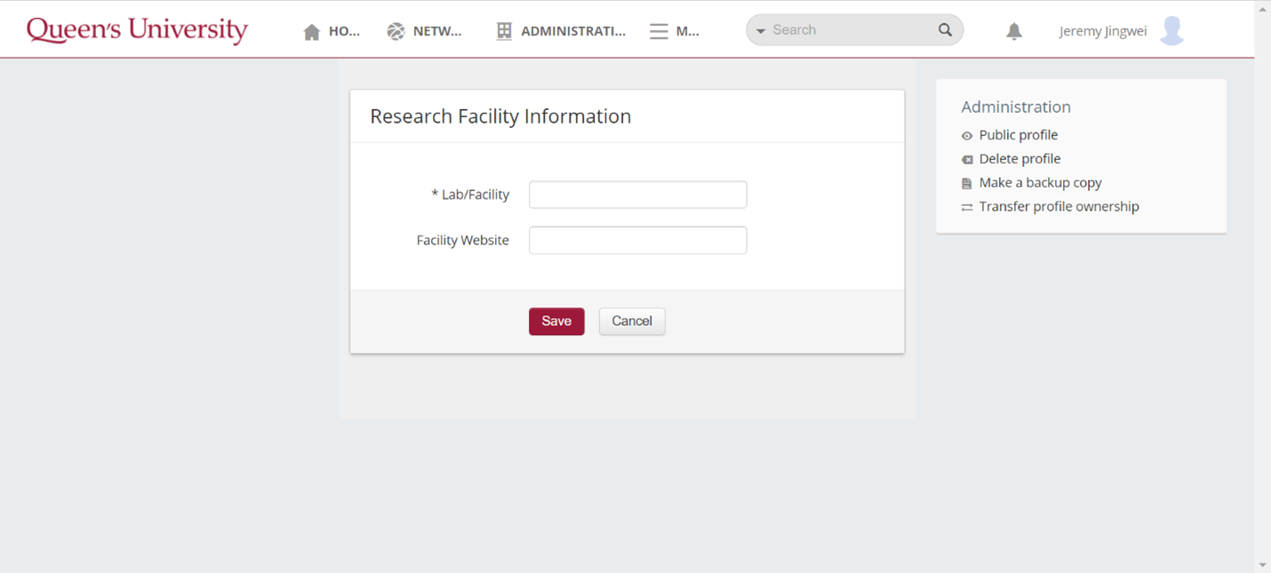 Screenshot of the Queen's Research Discovery Network and how to complete the Research Facility Information