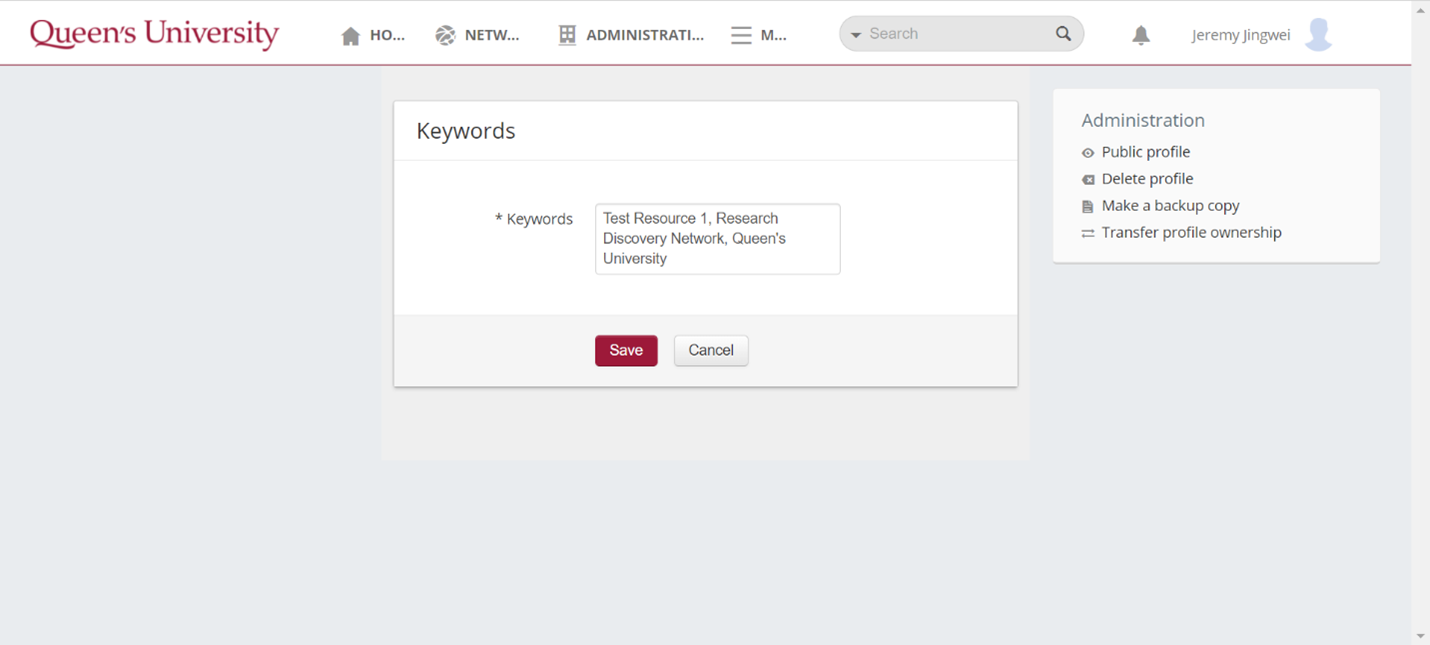 Screenshot of the Queen's Research Discovery Network and how to add keywords 