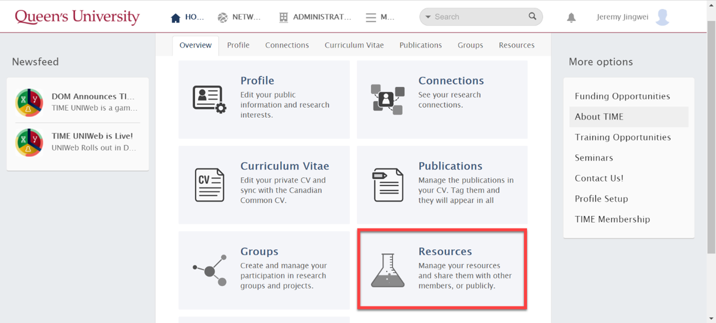 Screenshot of the Queen's Research Discovery Network homepage recources box